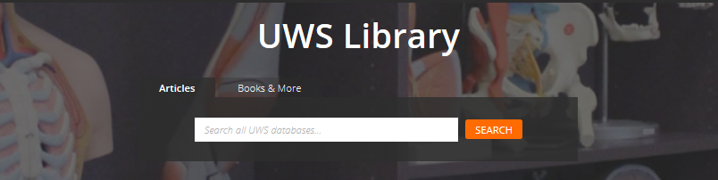 Screen shot of the UWS Library home page of website.; Discovery Search bar. 